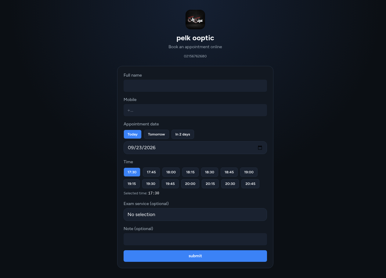 Patient booking form with time slots via QR or link