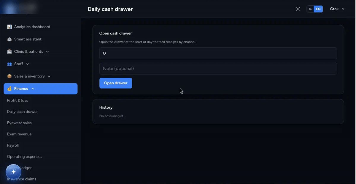 Lenzic daily cash drawer screen: opening the drawer with a starting amount at the start of the day, with the session history below (demo clinic)