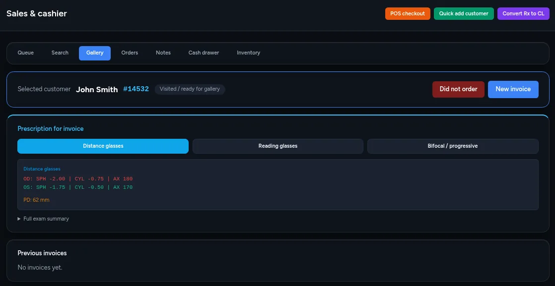 Lenzic sales screen showing a customer prescription ready for a new invoice