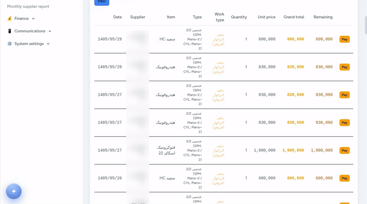 Purchase history in Lenzic with date, supplier, item, type, work type, quantity, unit price, grand total, remaining amount and a Pay button on each row