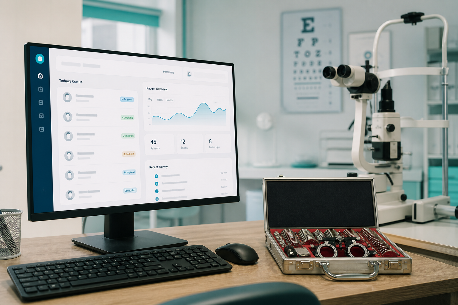 Optometry desk with vision clinic software and exam tools